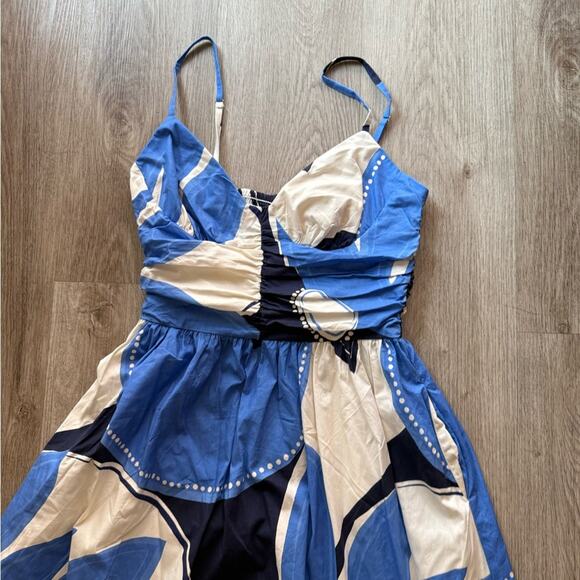 mon renn twilight palms blue & cream strappy midi summer sun dress size small - Picture 7 of 9